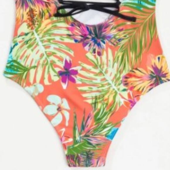 TROPICAL ONE PIECE Bathing Suit Sz L Yellow Mesh Barbiecore Floral GORGEOUS - Picture 8 of 13